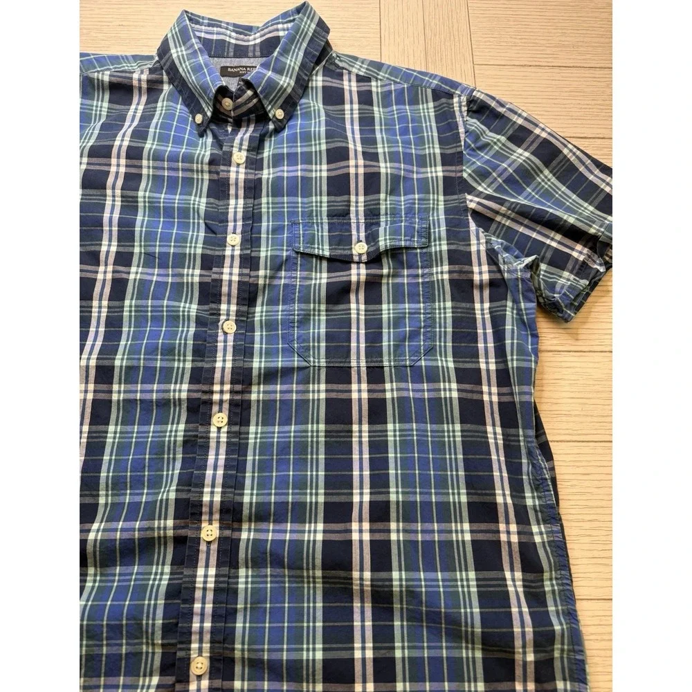 Banana Republic Men's Blue Plaid Soft Wash Short Sleeve Button Down Shirt Sz L
